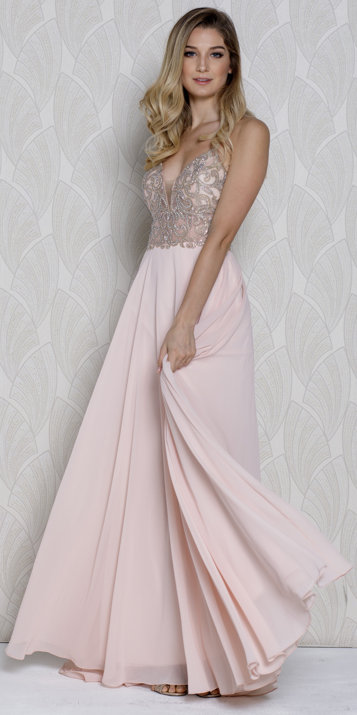 V-neck Beaded Lace Bodice Long Formal Prom Dress — in Blush