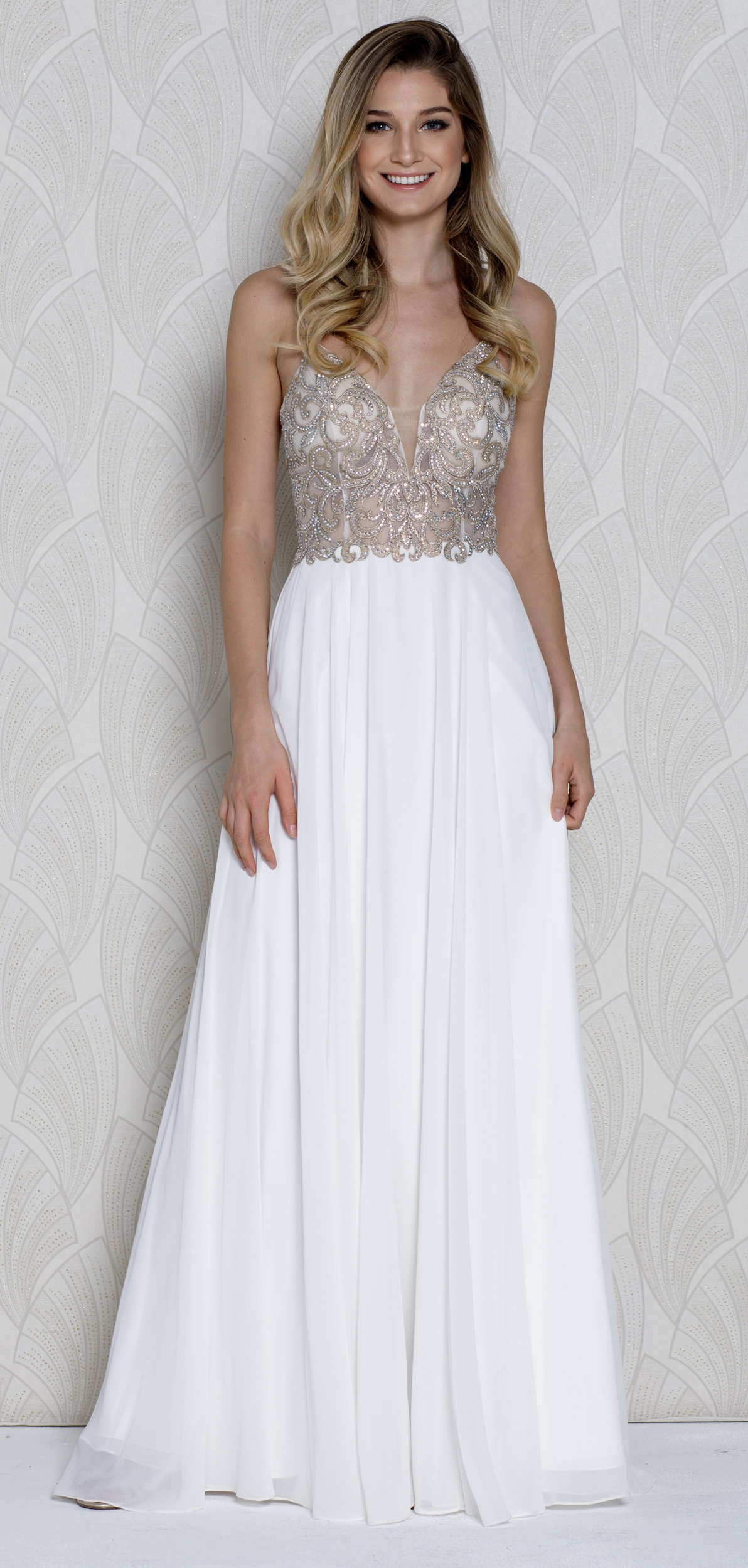 V-neck Beaded Lace Bodice Long Formal Prom Dress — in Off White
