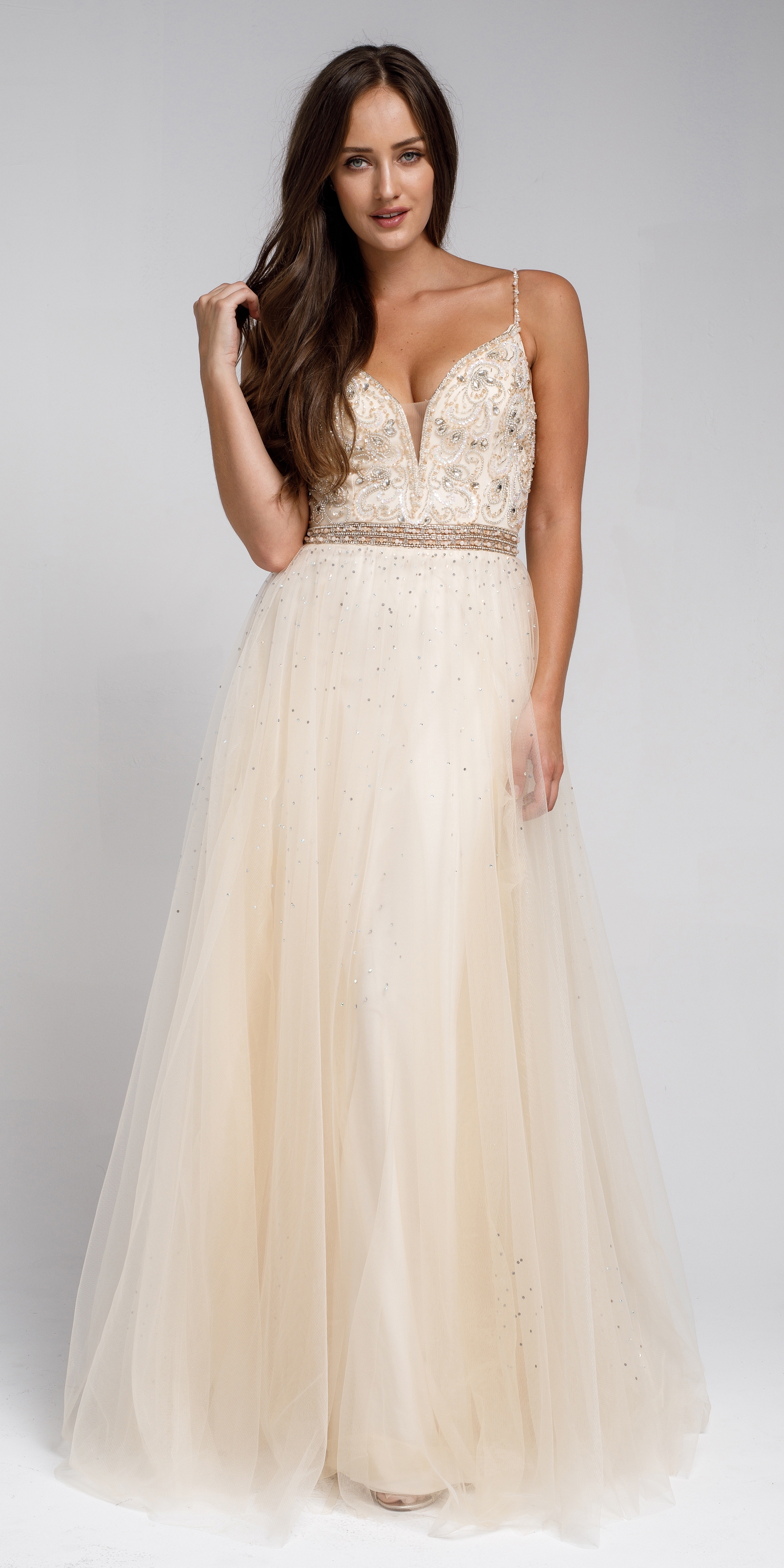 Beaded Spaghetti Prom Gown with Tulle Skirt