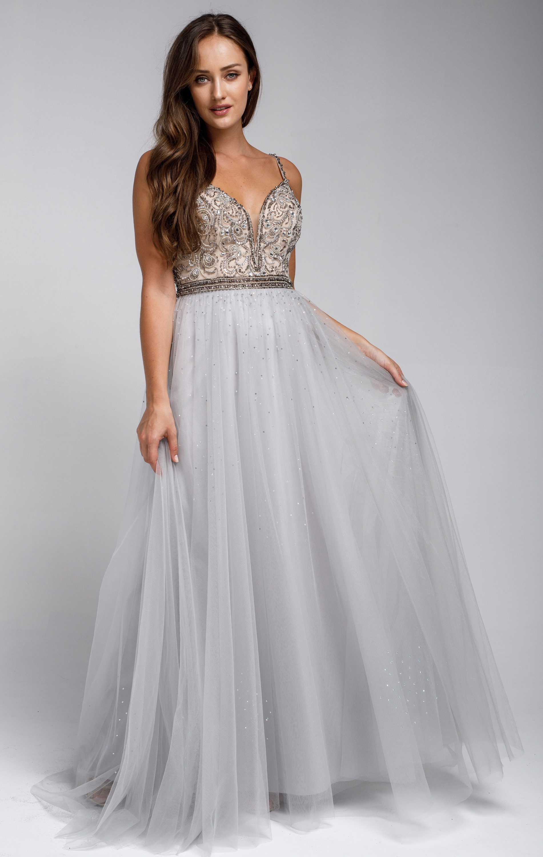 Beaded Spaghetti Prom Gown with Tulle Skirt — in Silver