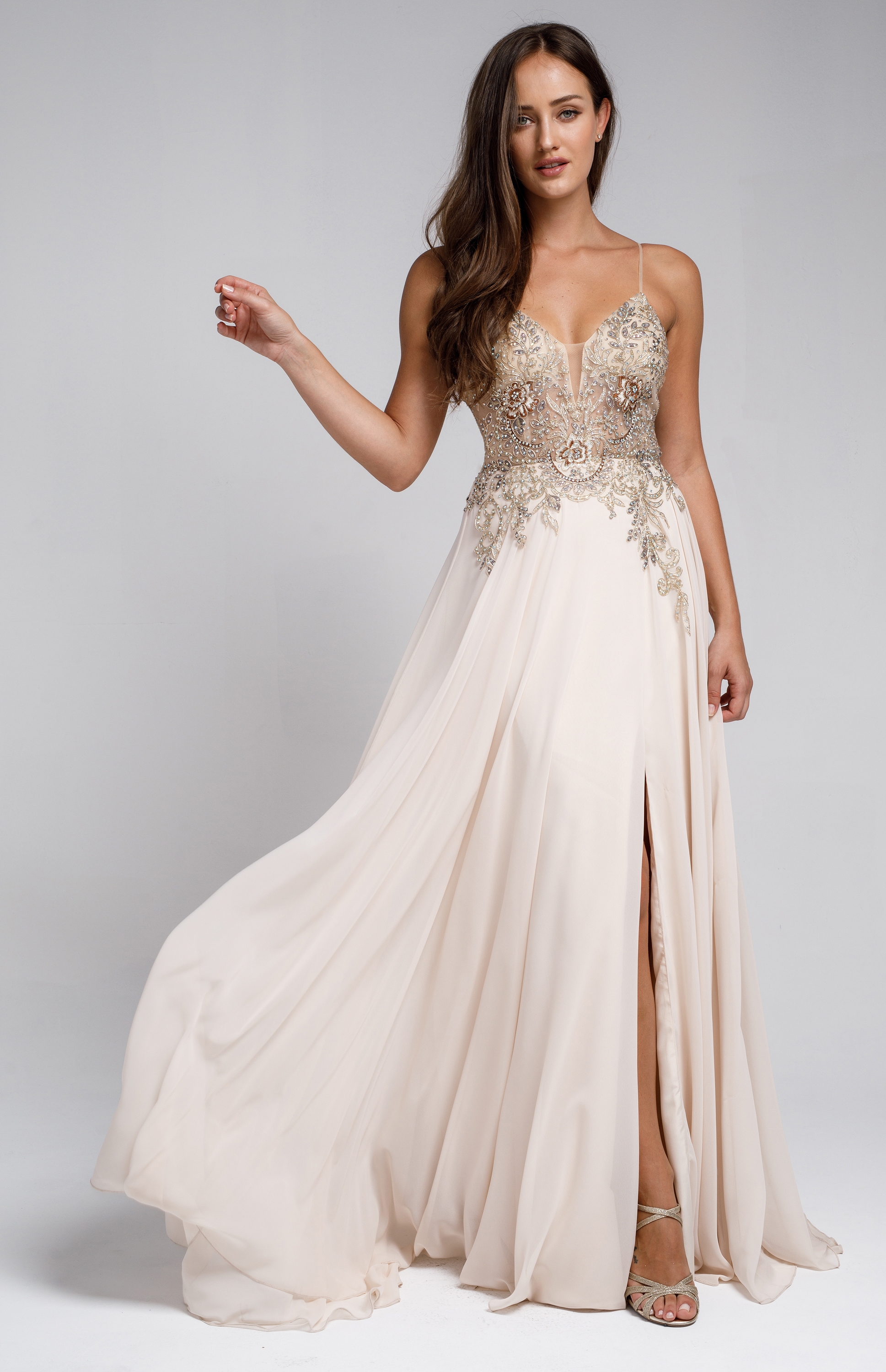 Beaded Embellished Spaghetti Prom Dress — in an alternative image