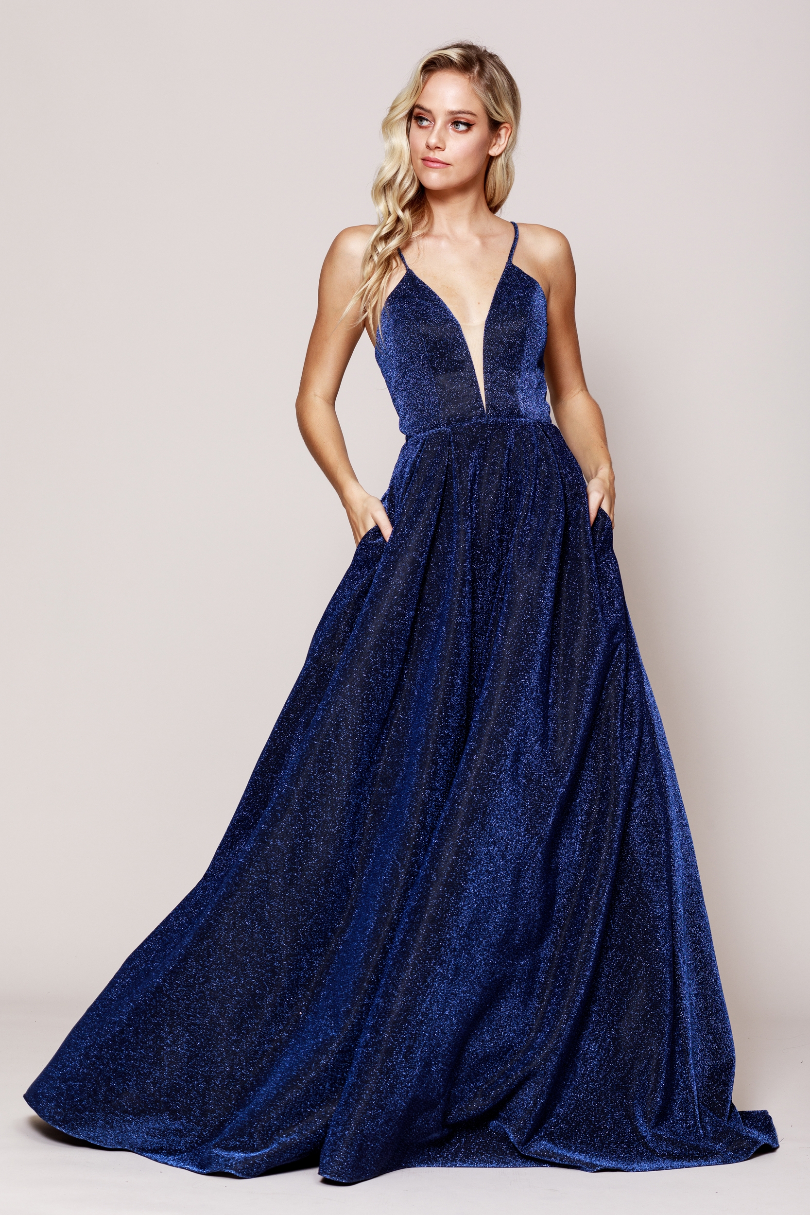 Glitter Prom Ball Gown with Corset Back — in Navy