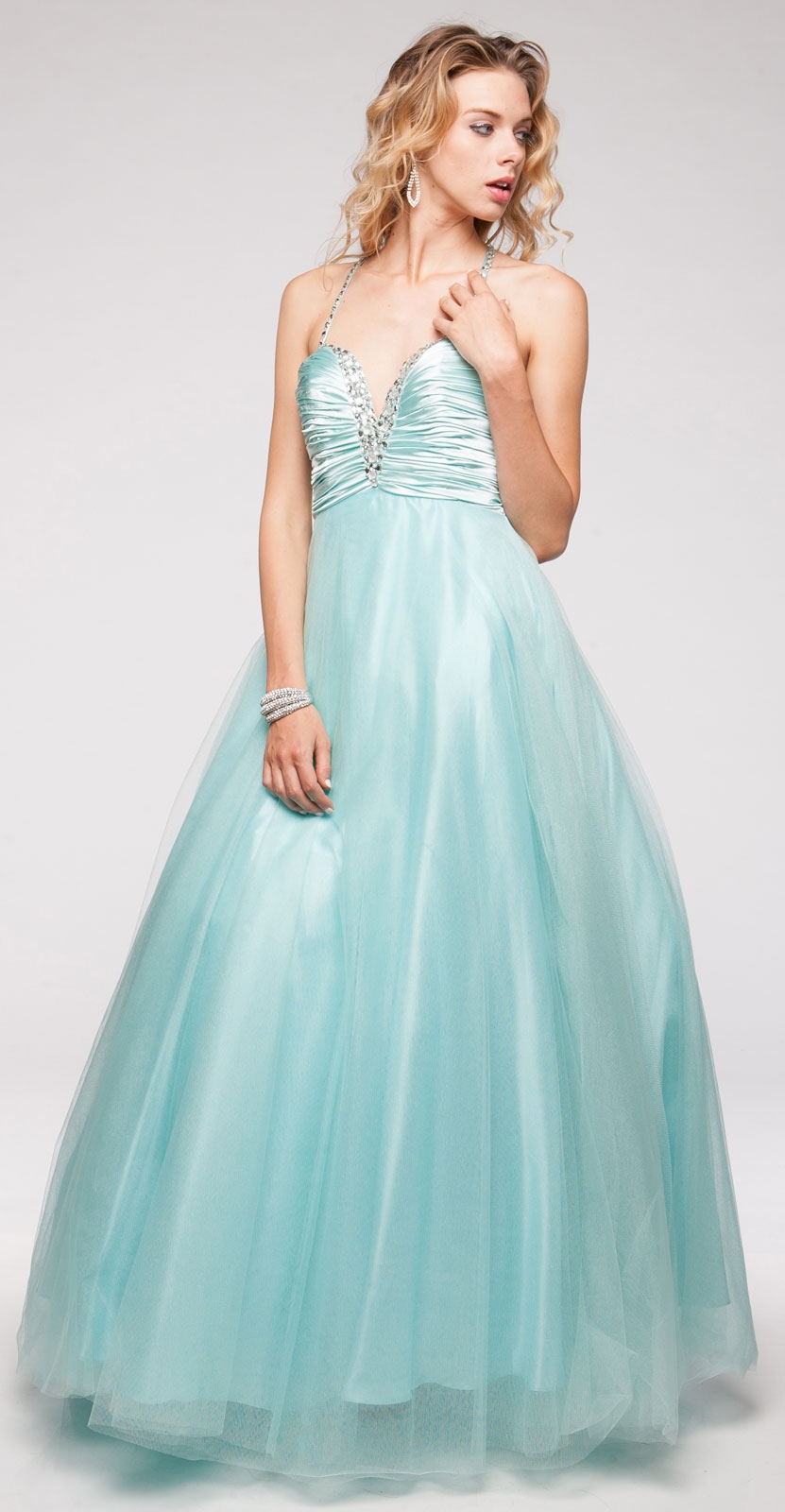 V-Neck Satin Bodice Puffy Mesh Skirt Formal Prom Dress