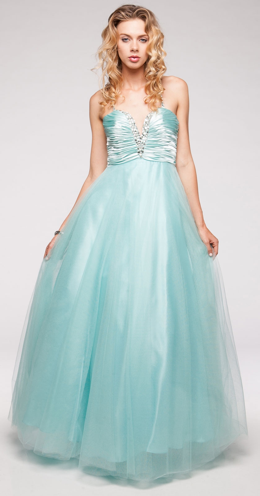V-Neck Satin Bodice Puffy Mesh Skirt Formal Prom Dress — in alternative picture