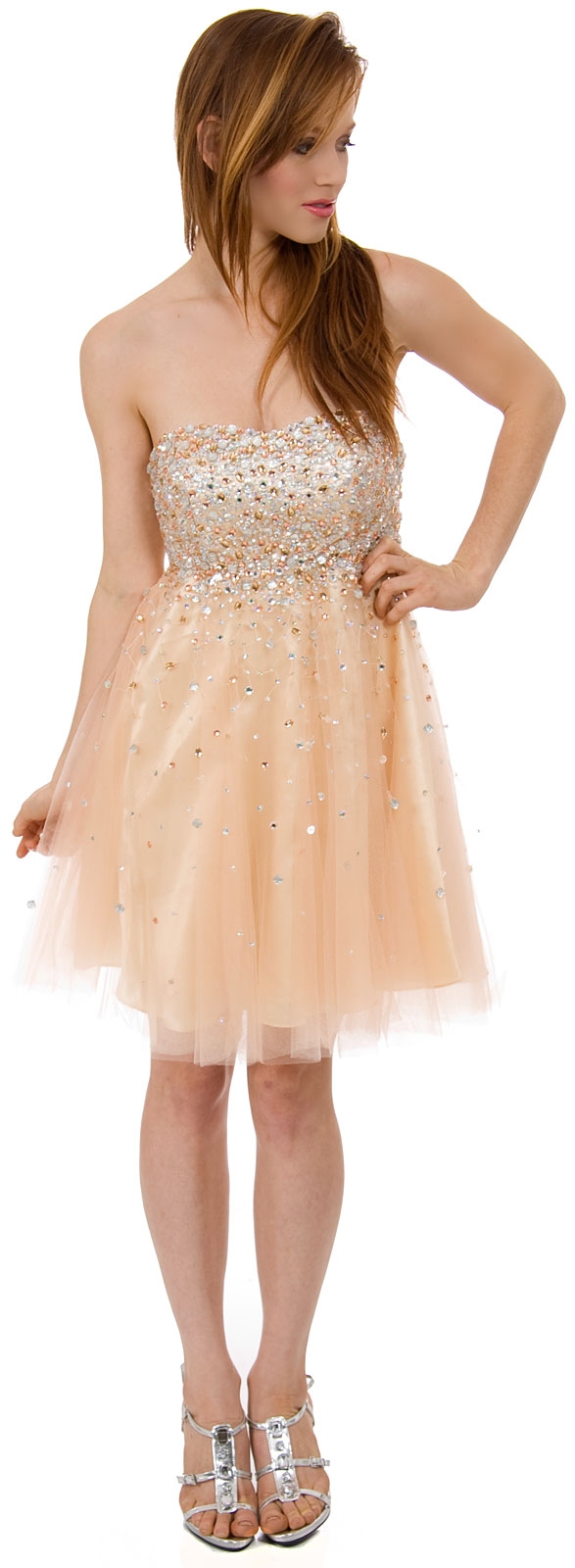 Strapless Mesh Prom Dress with Stones