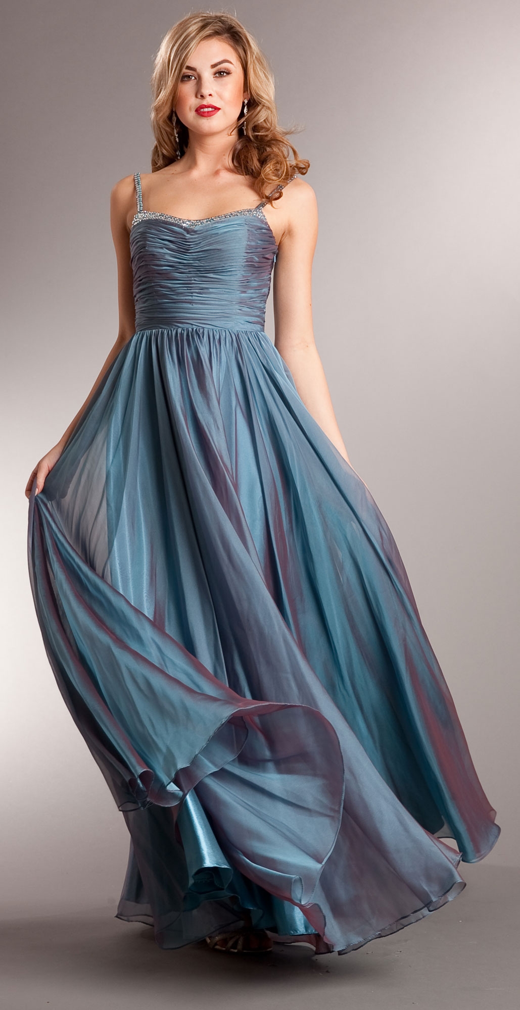 Shirred Bust Long Formal Bridesmaid Dress with Rhinestones — in Teal