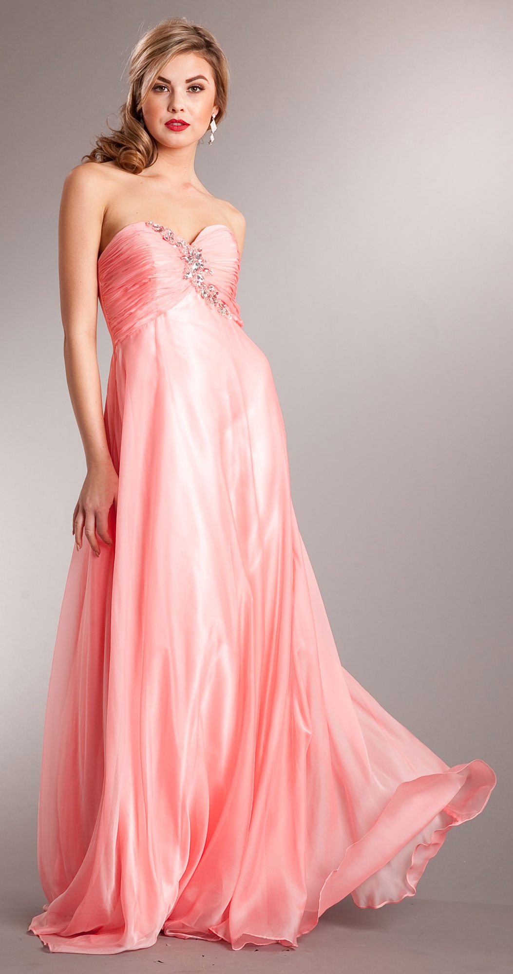 Strapless Shirred Long Formal Prom Dress with Rhinestones