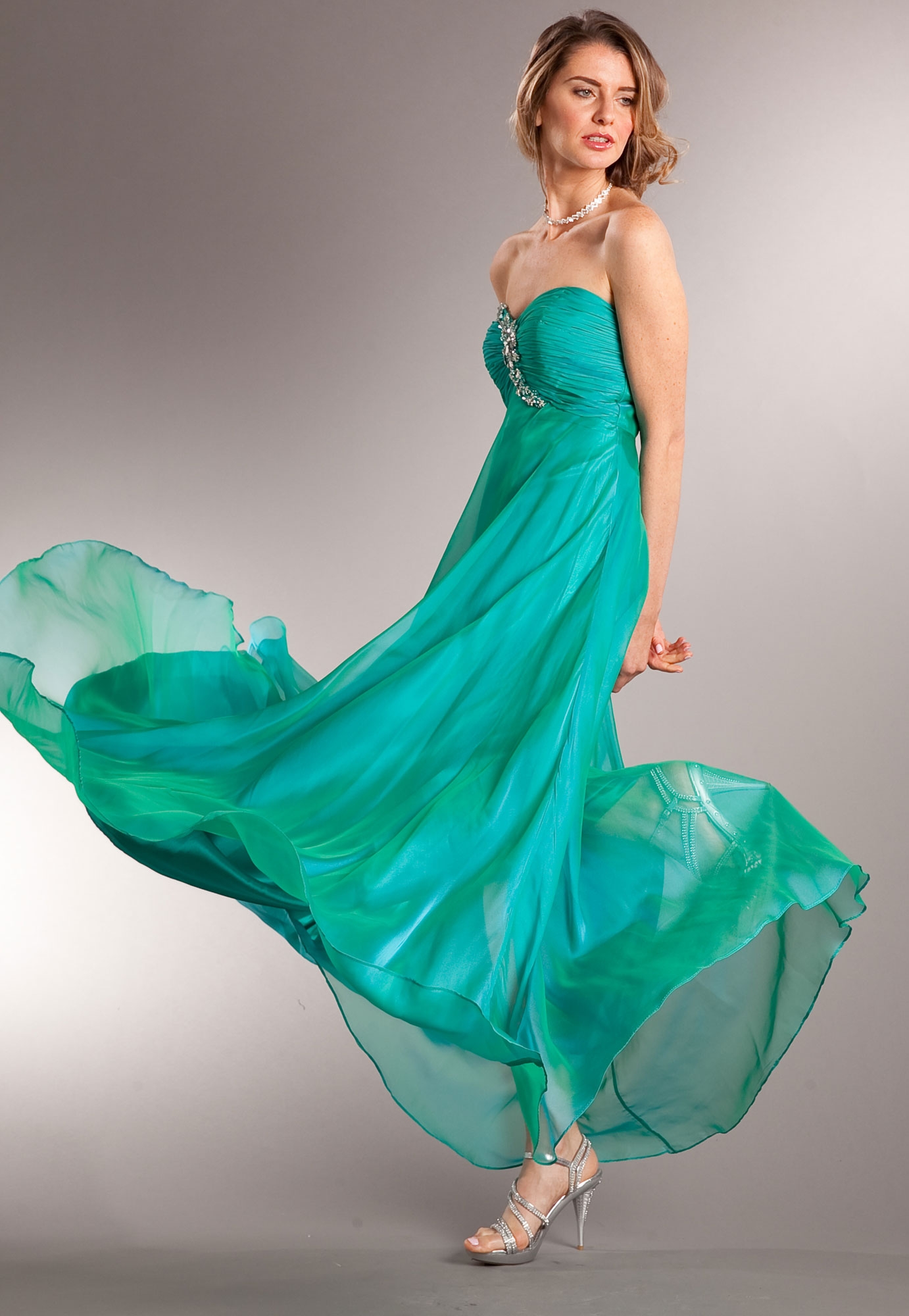 Strapless Shirred Long Formal Prom Dress with Rhinestones — in Green