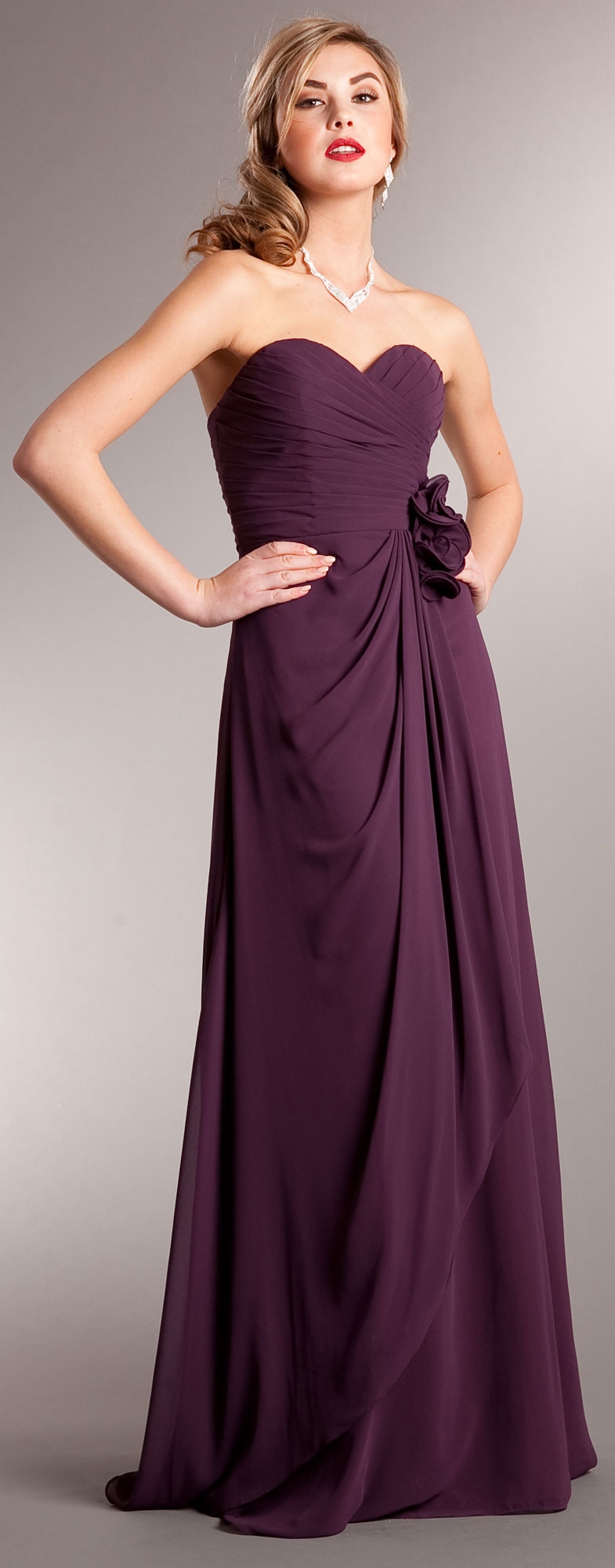 Pleated Wrap Style Floral Long Formal Bridesmaid Dress