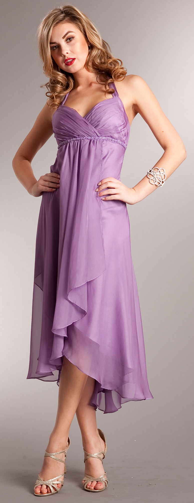 Halter Neck Wrap Around High-Low Bridesmaid Party Dress — in Purple