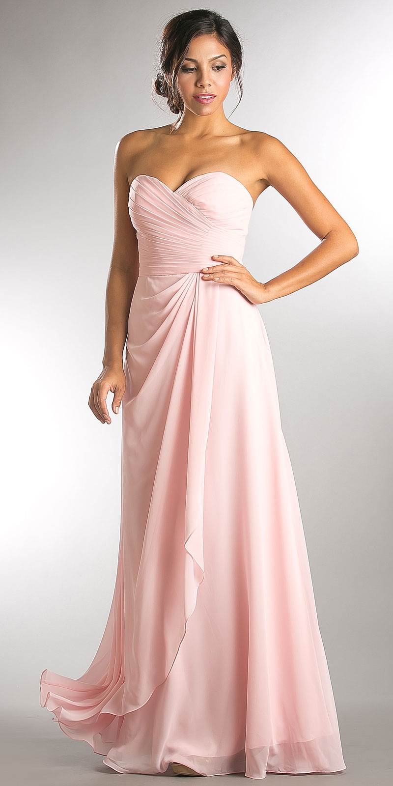 Strapless Pleated Overlap Bust Long Bridesmaid Dress — in Blush