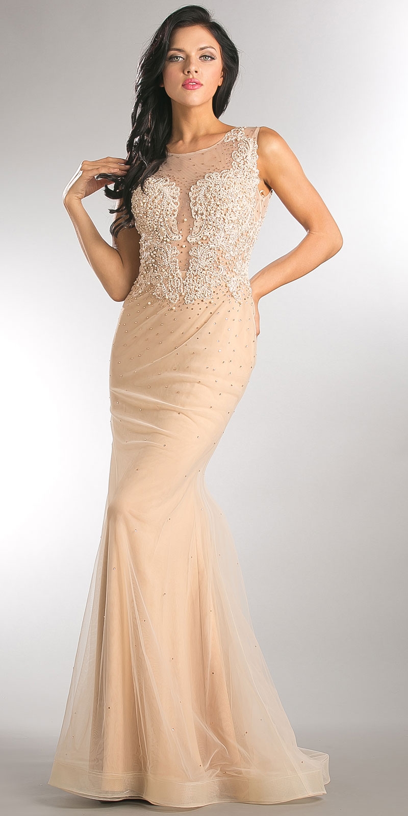 Embroidered Lace Top Mesh Tulle Long Prom Pageant Dress