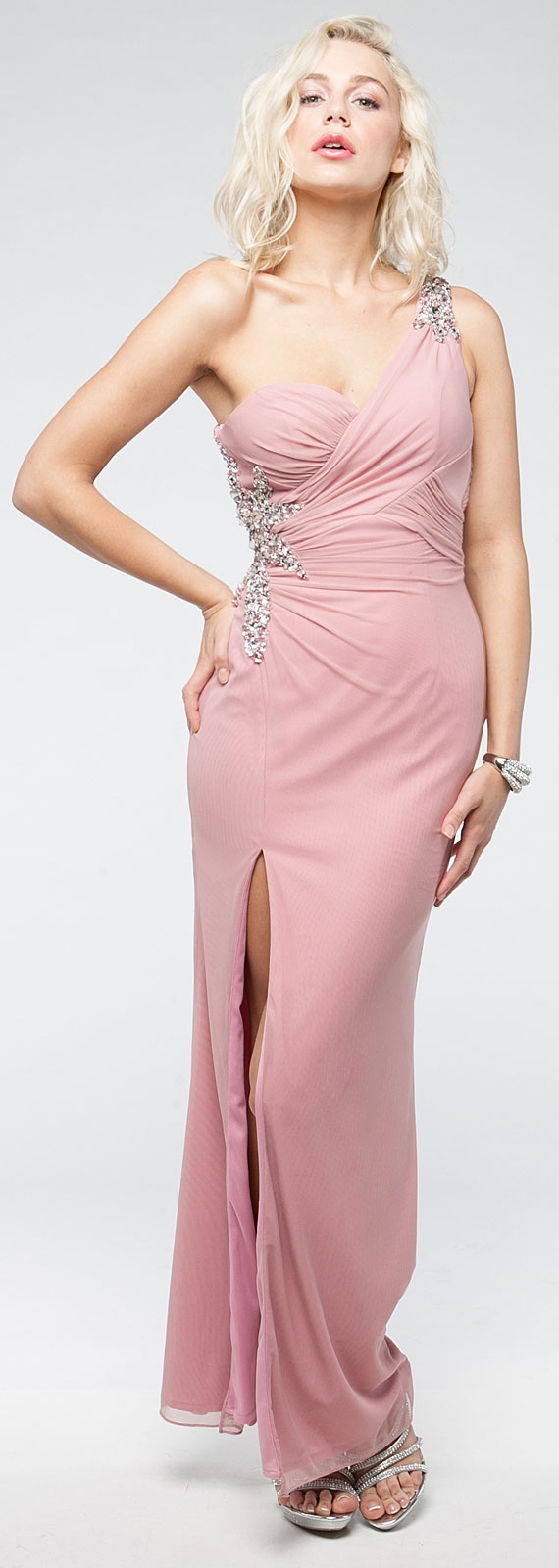 One Shoulder Long Formal Dress with Bejeweled Waist — in Rose