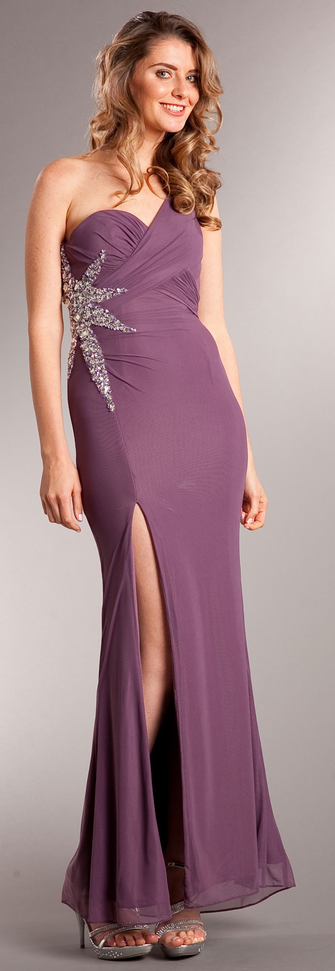 One Shoulder Long Formal Dress with Bejeweled Waist