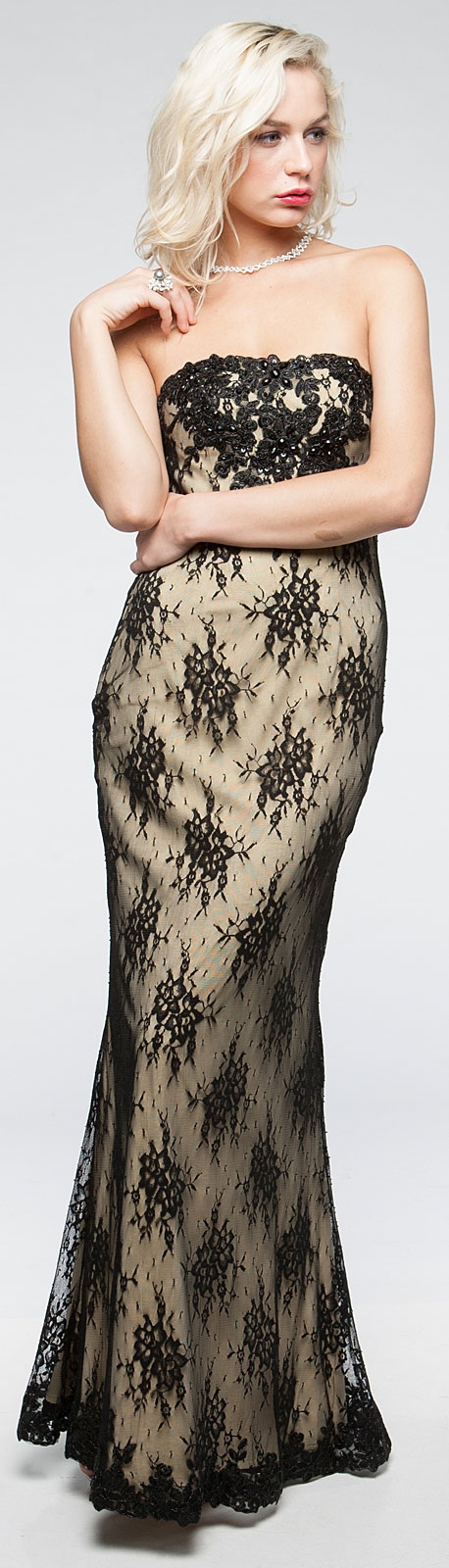 Strapless Floral Mesh Beaded Long Formal Evening Dress  — in alternative picture