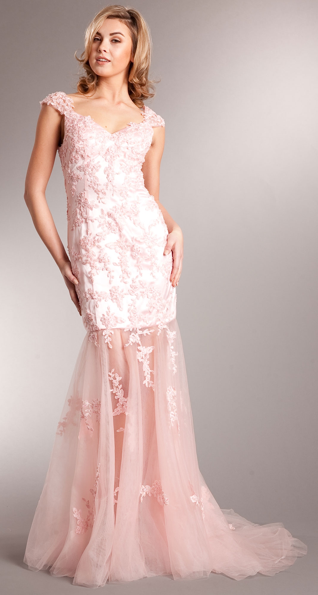 Romantic Full Length Floral Tulle Overlay Prom Dress 