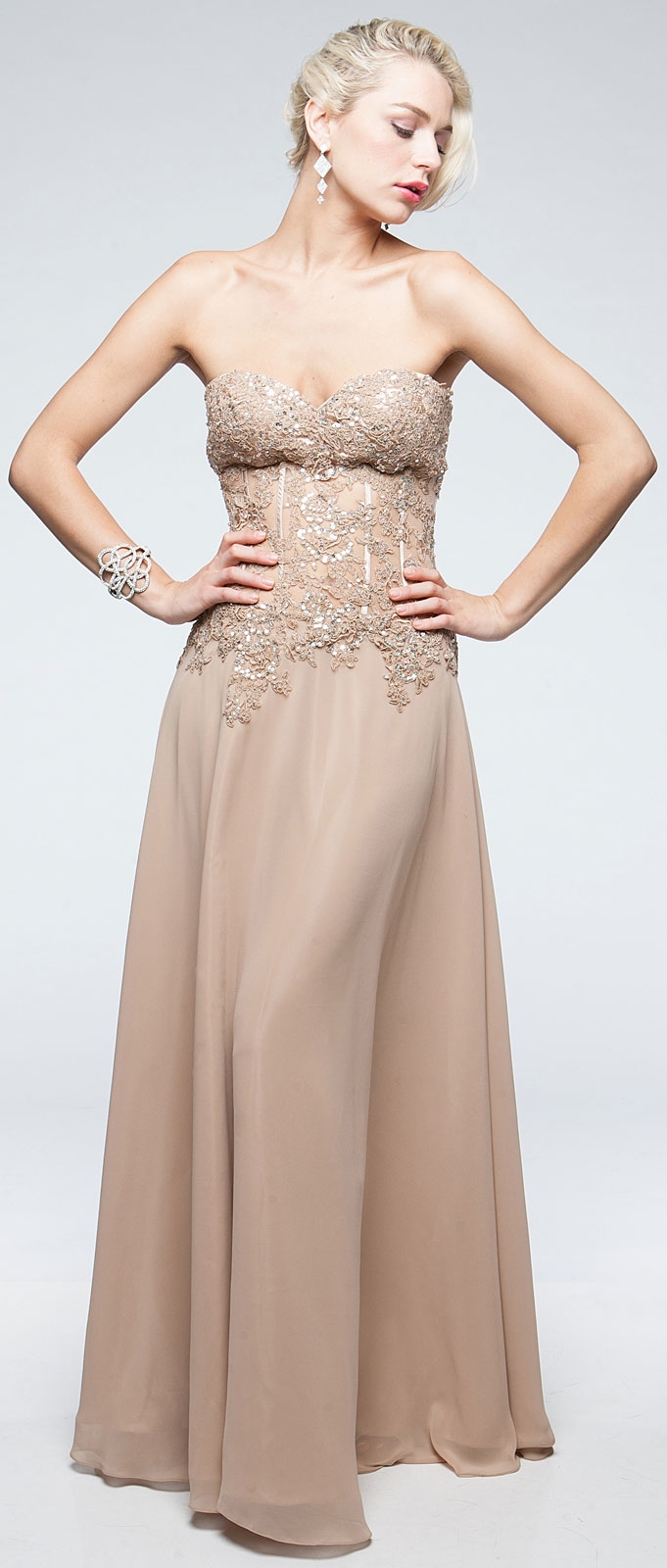 Strapless Vintage Look Floral Bodice Long Formal Prom Dress — in Champaign