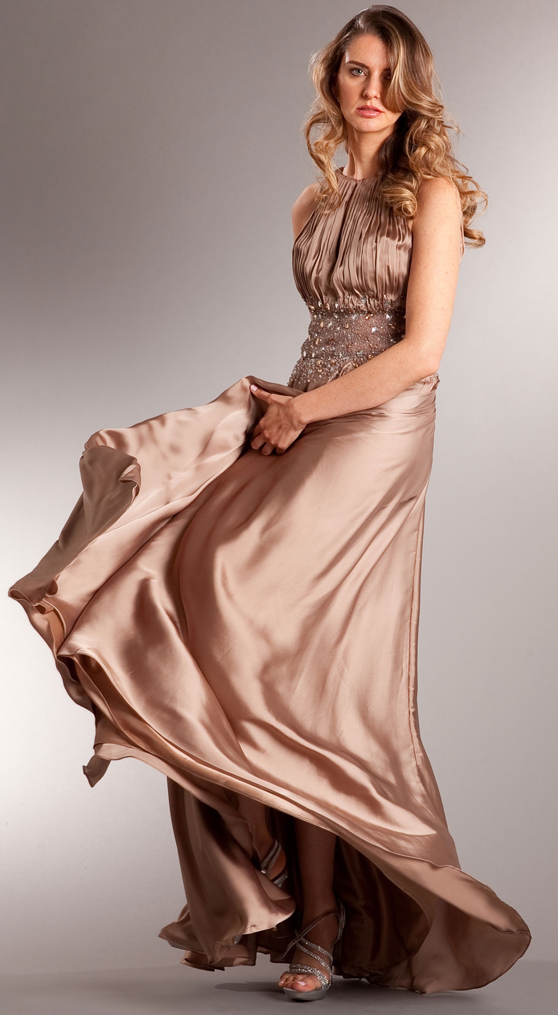 Ruched Bust Beaded Empire Cut Long Formal Prom Dress — in Mocha