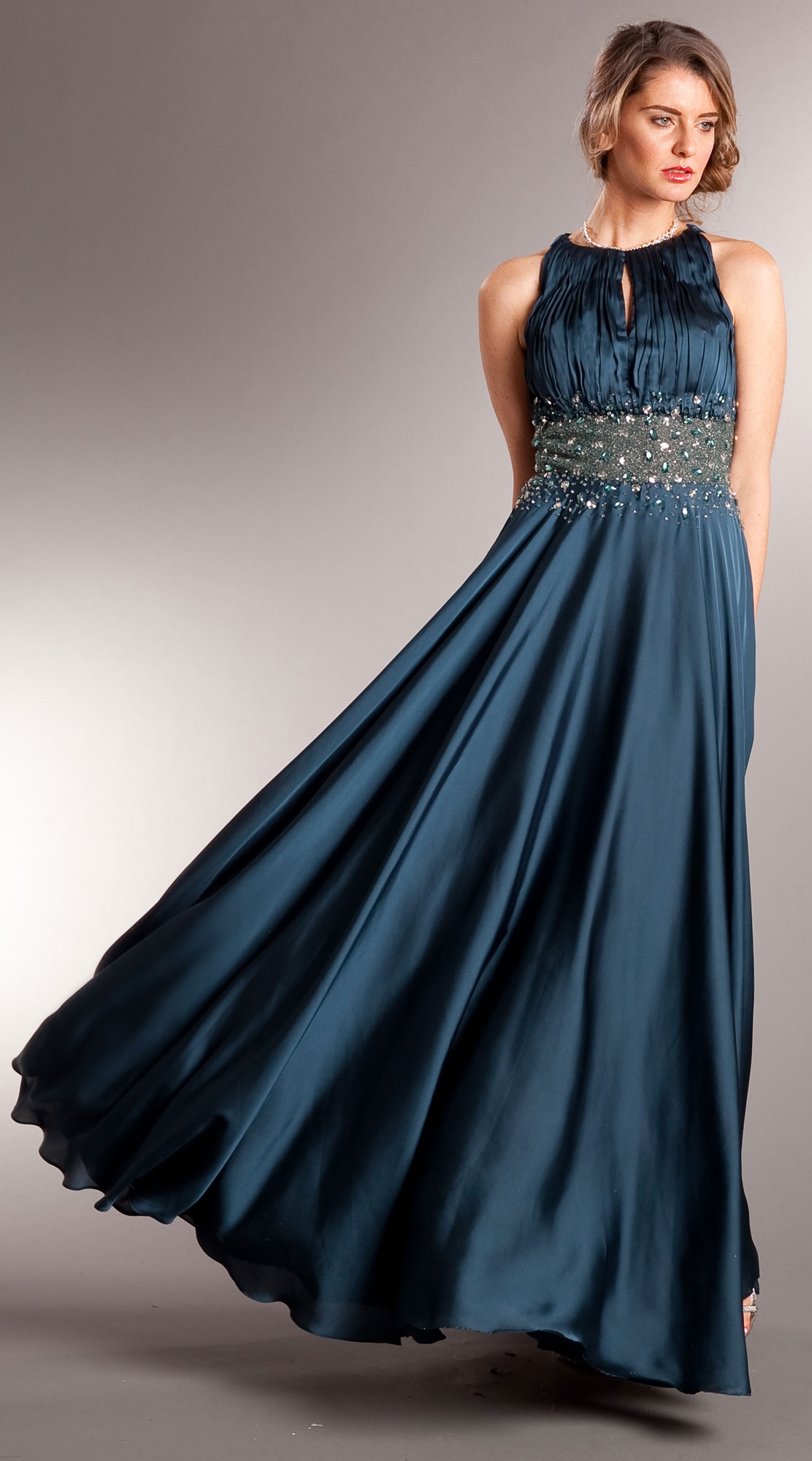Ruched Bust Beaded Empire Cut Long Formal Prom Dress