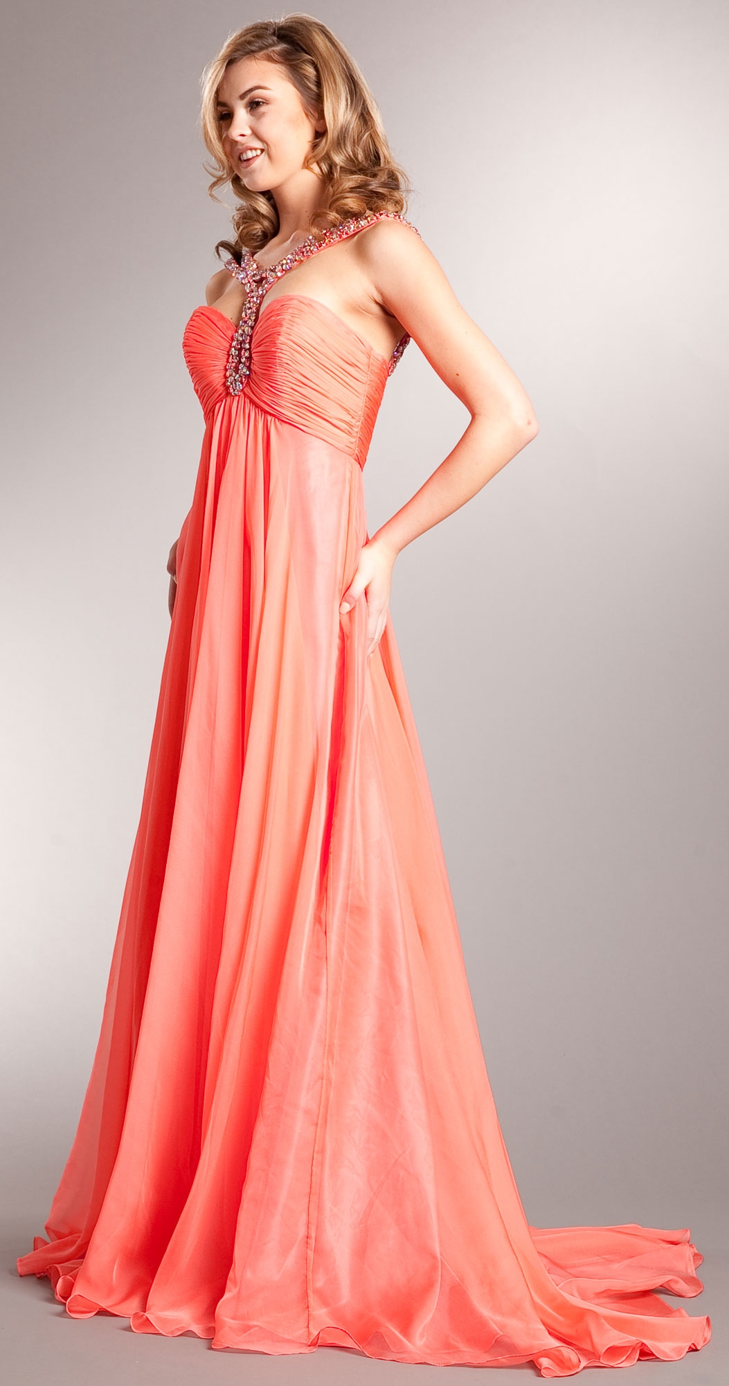 Bejeweled Straps Shirred Long Formal Evening Prom Dress — in Orange