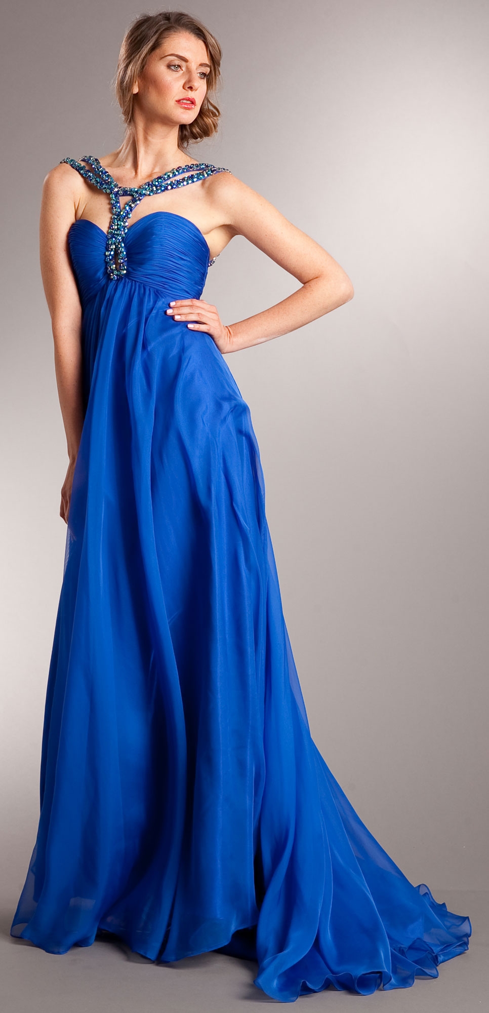 Bejeweled Straps Shirred Long Formal Evening Prom Dress — in Royal Blue