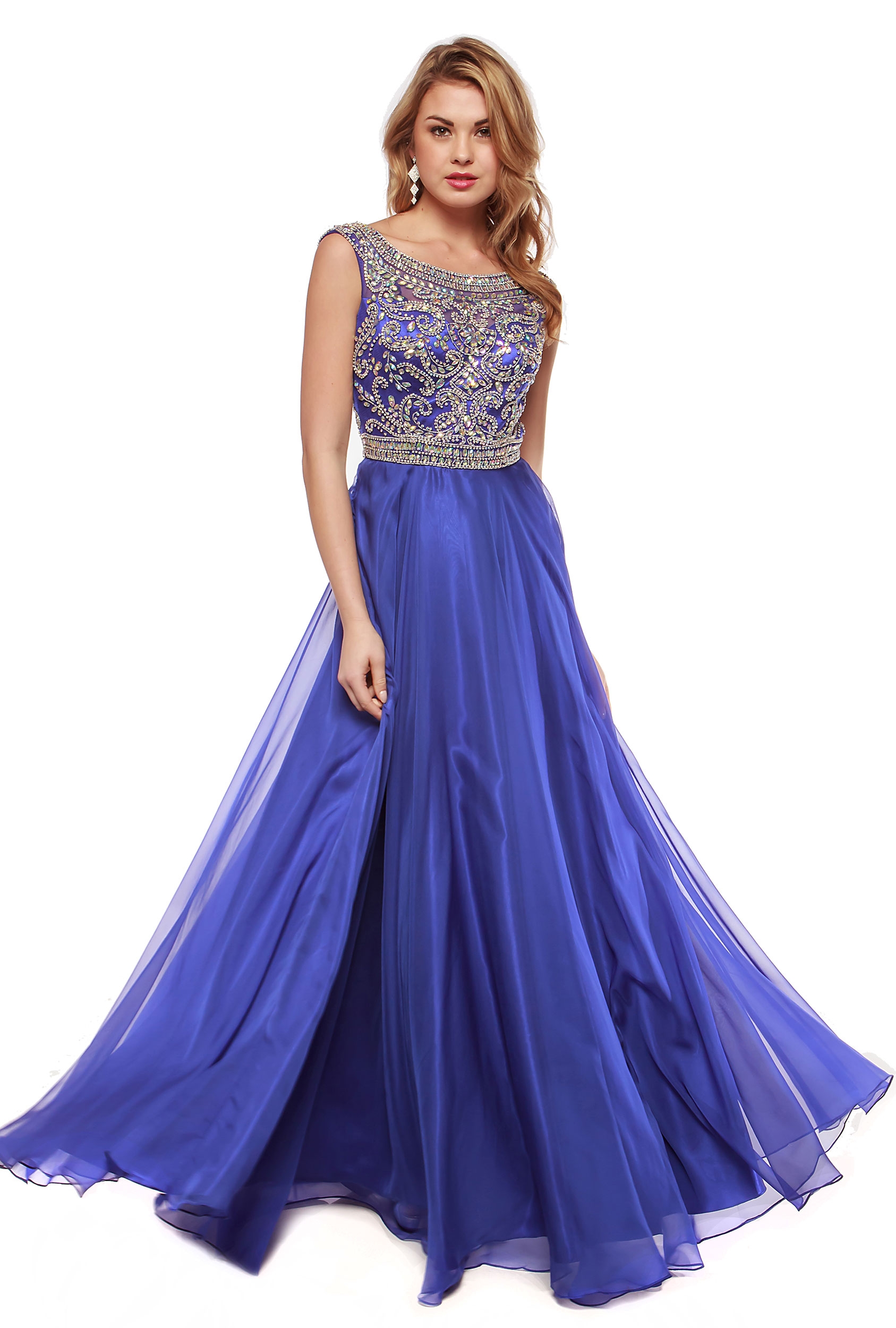Boat Neck Rhinestones Top Long Evening Prom Dress — in Royal Blue