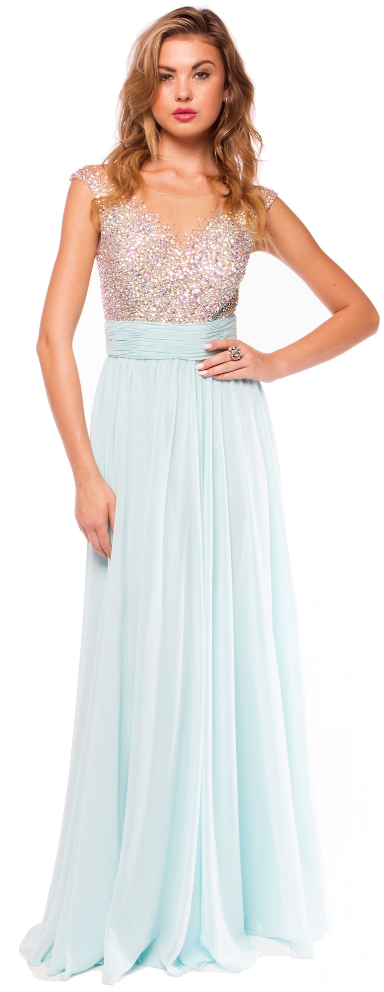 Sleeveless Bejeweled Mesh Bust Long Prom Pageant Dress — in Aqua