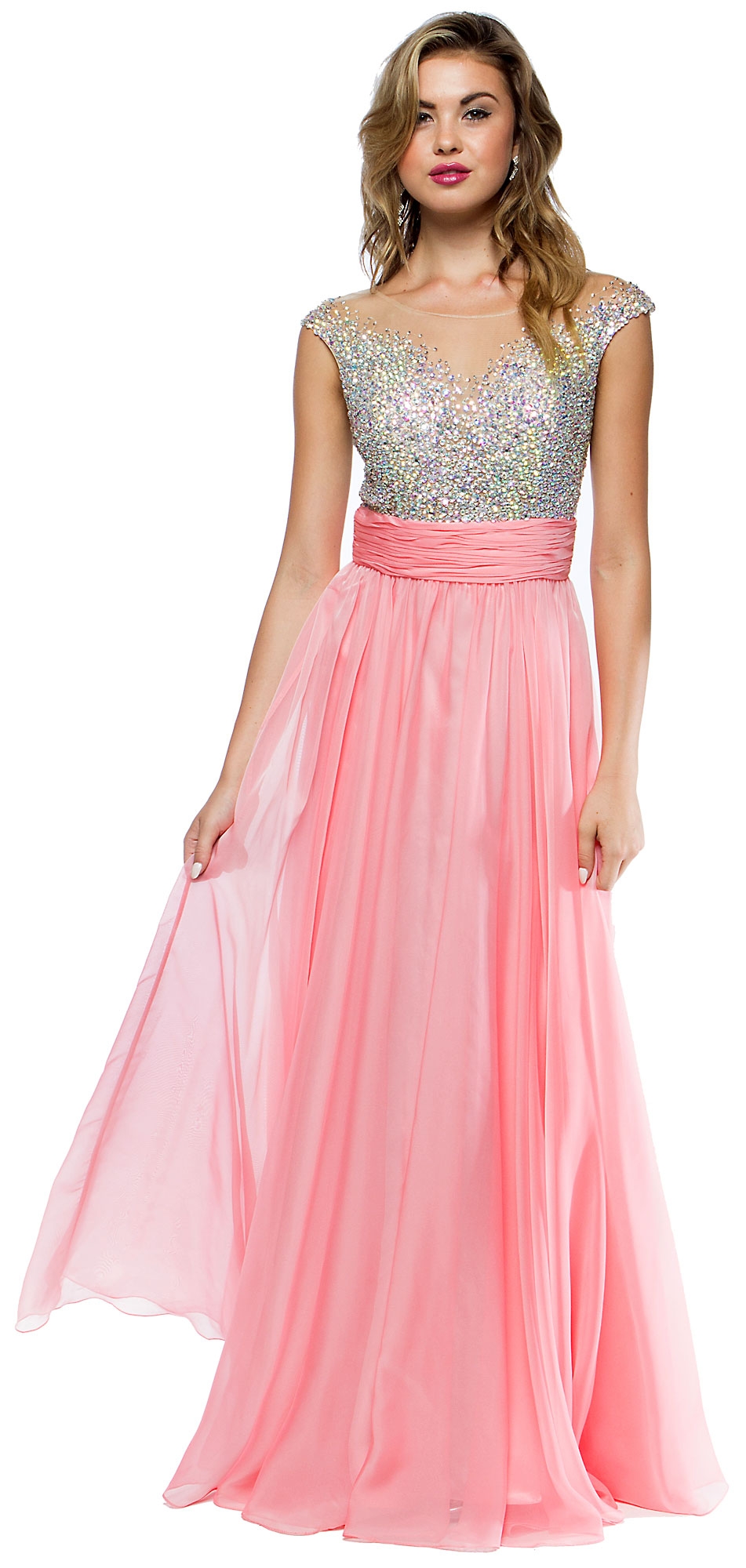 Sleeveless Bejeweled Mesh Bust Long Prom Pageant Dress