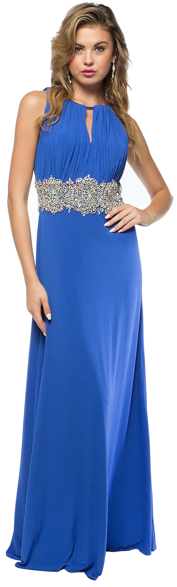 Halter Neck Bejeweled Waist Long Formal Prom Dress — in Royal Blue