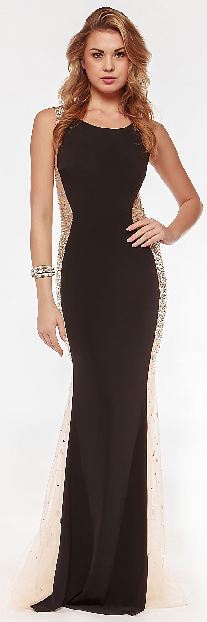 Studded Sheer Mesh Sides Flared Long Formal Prom Dress — in Black