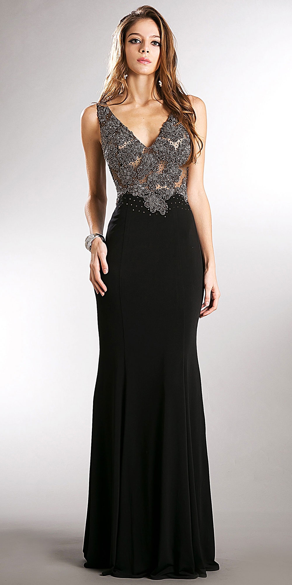 V-neck Beaded Bodice Fitted Long Formal Prom Dress — in Black