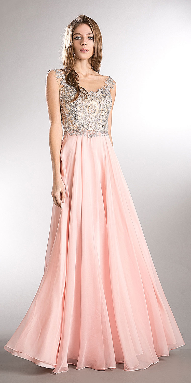 Beaded Brocade Lace Mesh Top Long Formal Prom Dress — in Blush