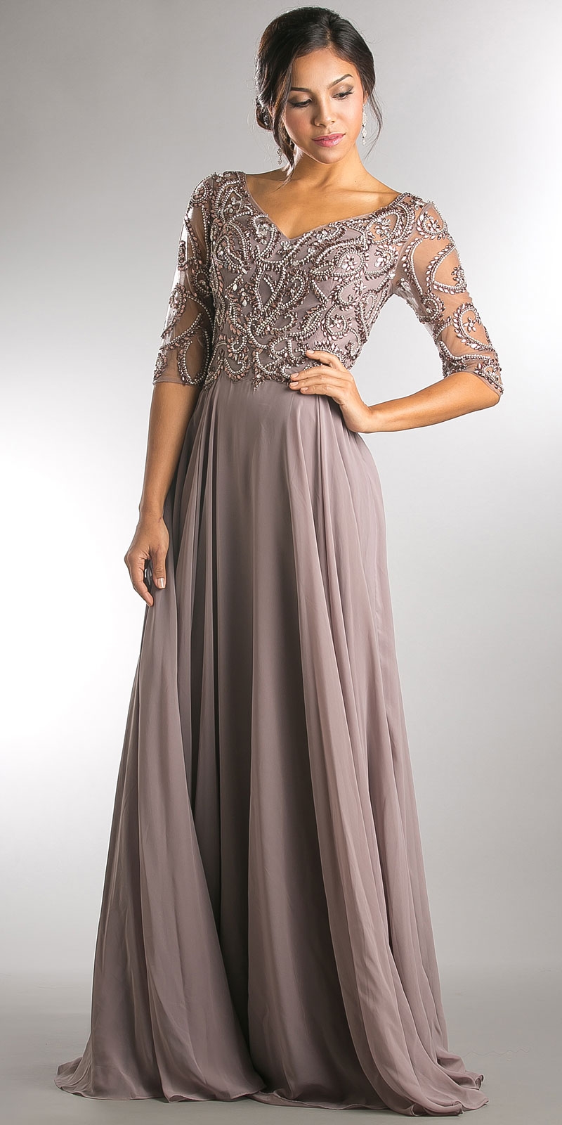 V-Neck Beaded Top Half Sleeves Long Mother of Bride Dress — in Brown