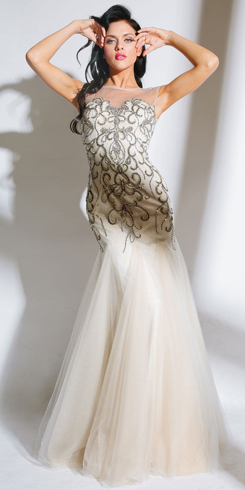 Beaded Mesh Tulle Mermaid Style Long Prom Pageant Dress — in an alternative image