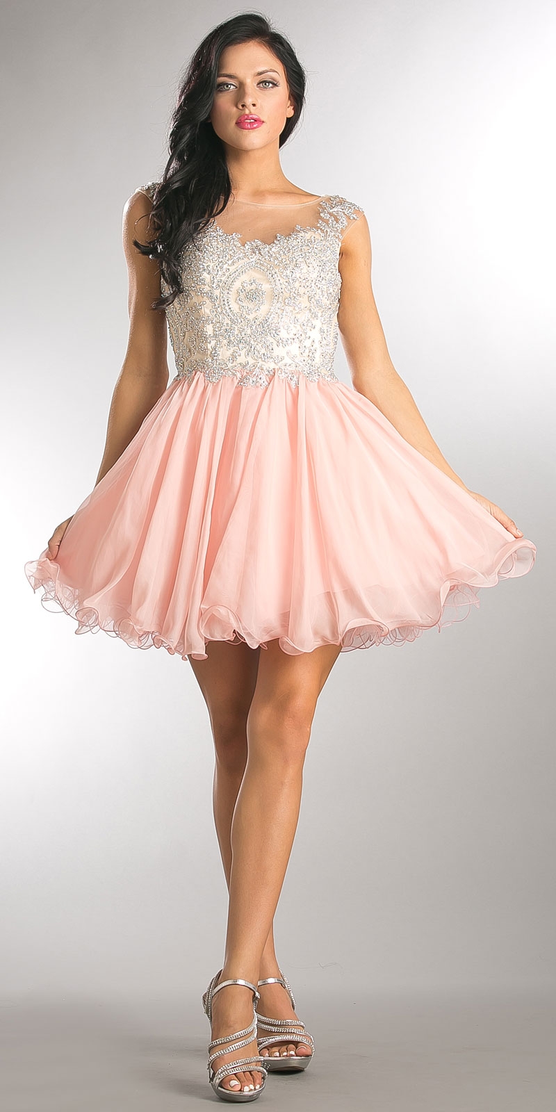 Embellished Lace Bodice Short Babydoll Homecoming Dress — in Blush