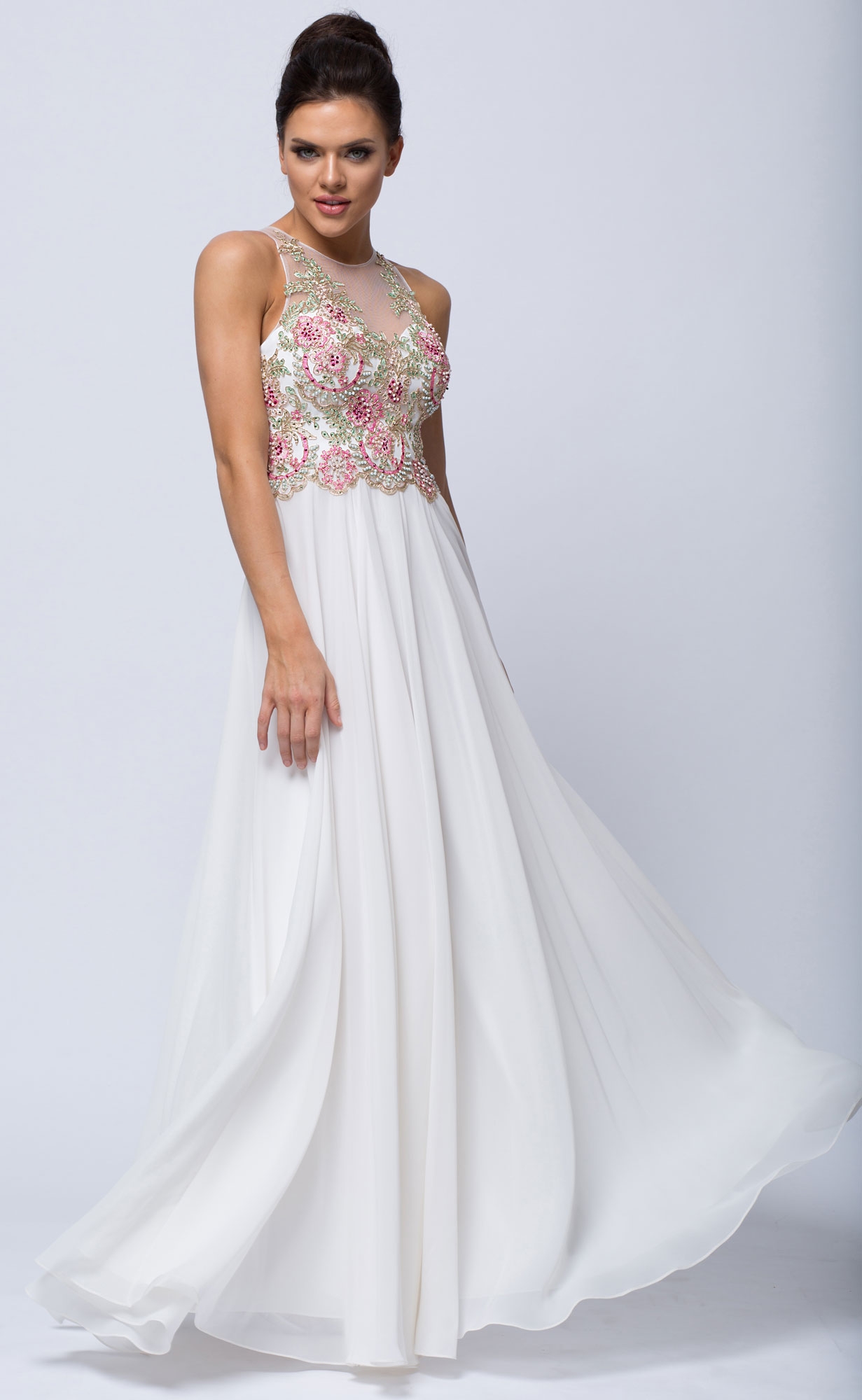 Sleeveless Floral Accent Beaded Top Long Prom Dress — in Ivory/Pink