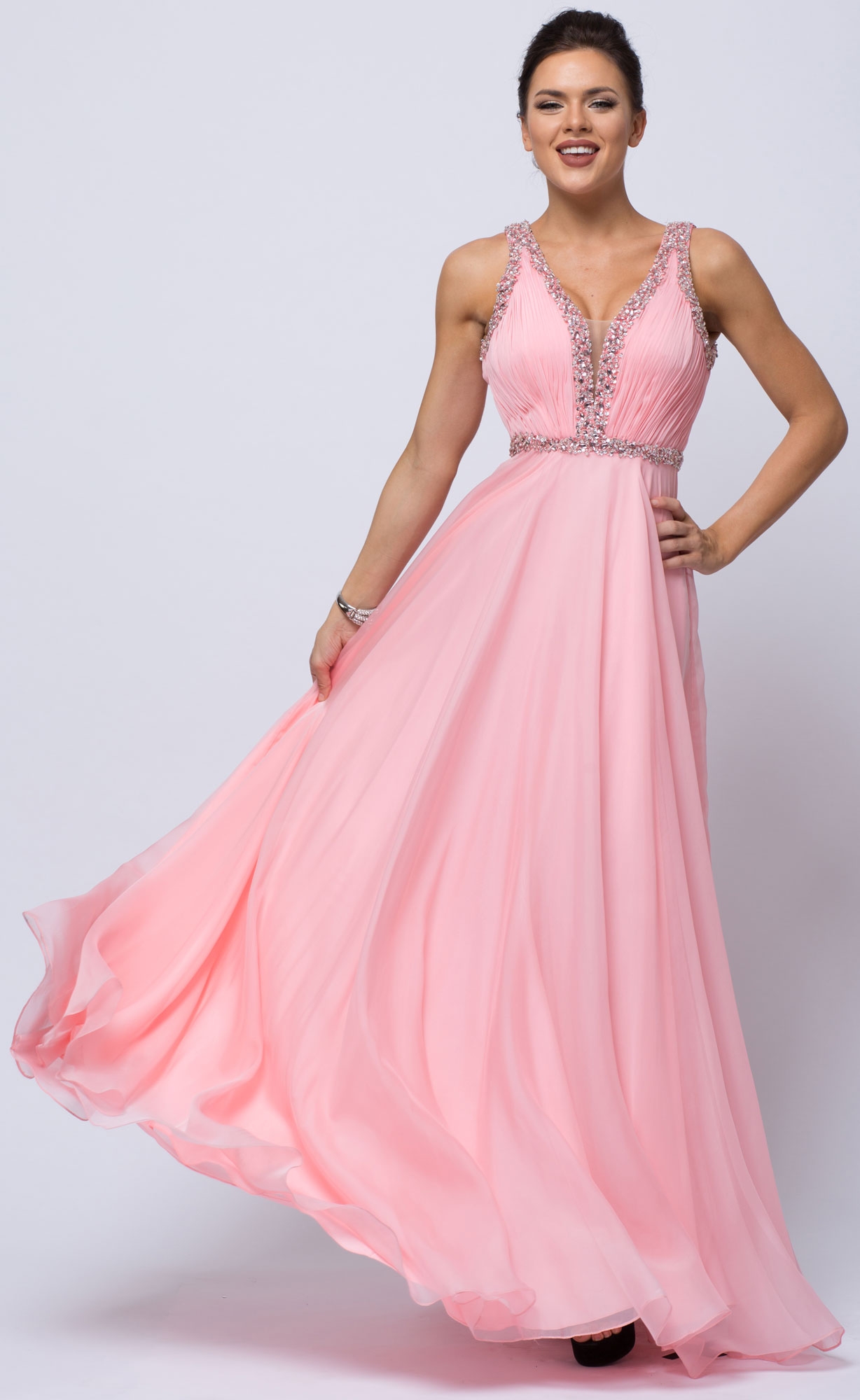 Sequined Shirred Bodice A-line Chiffon Long Prom Dress