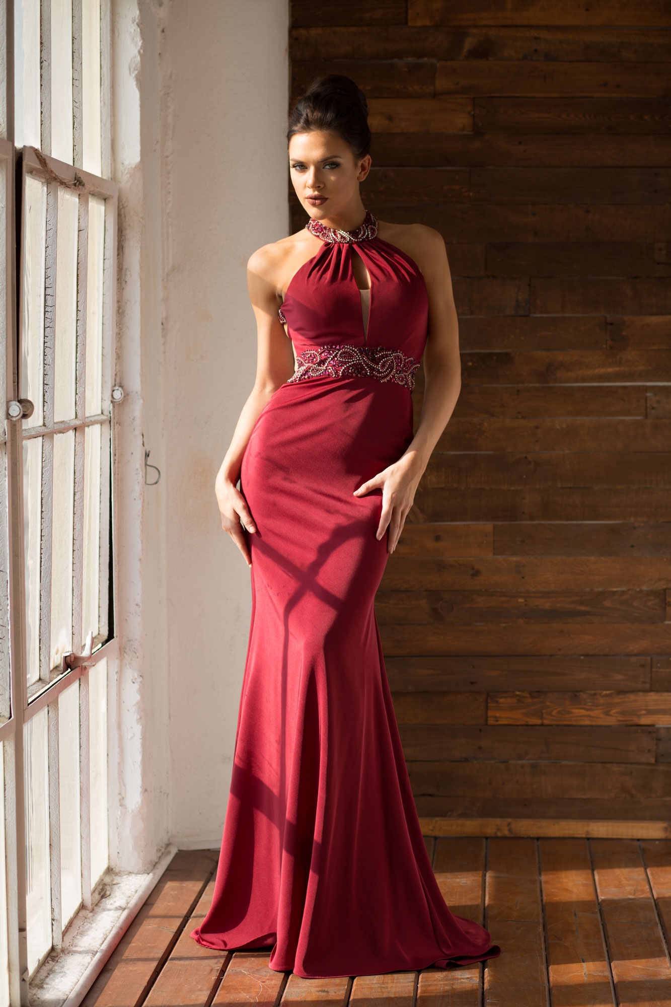 High Neck Bodice Mermaid Cut Prom Dress — in Burgundy