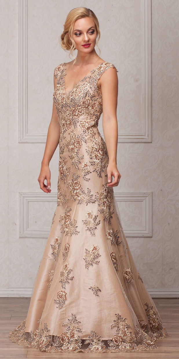V-Neck Floral Embellishments Mesh Long Prom Pageant Dress — in Champaign