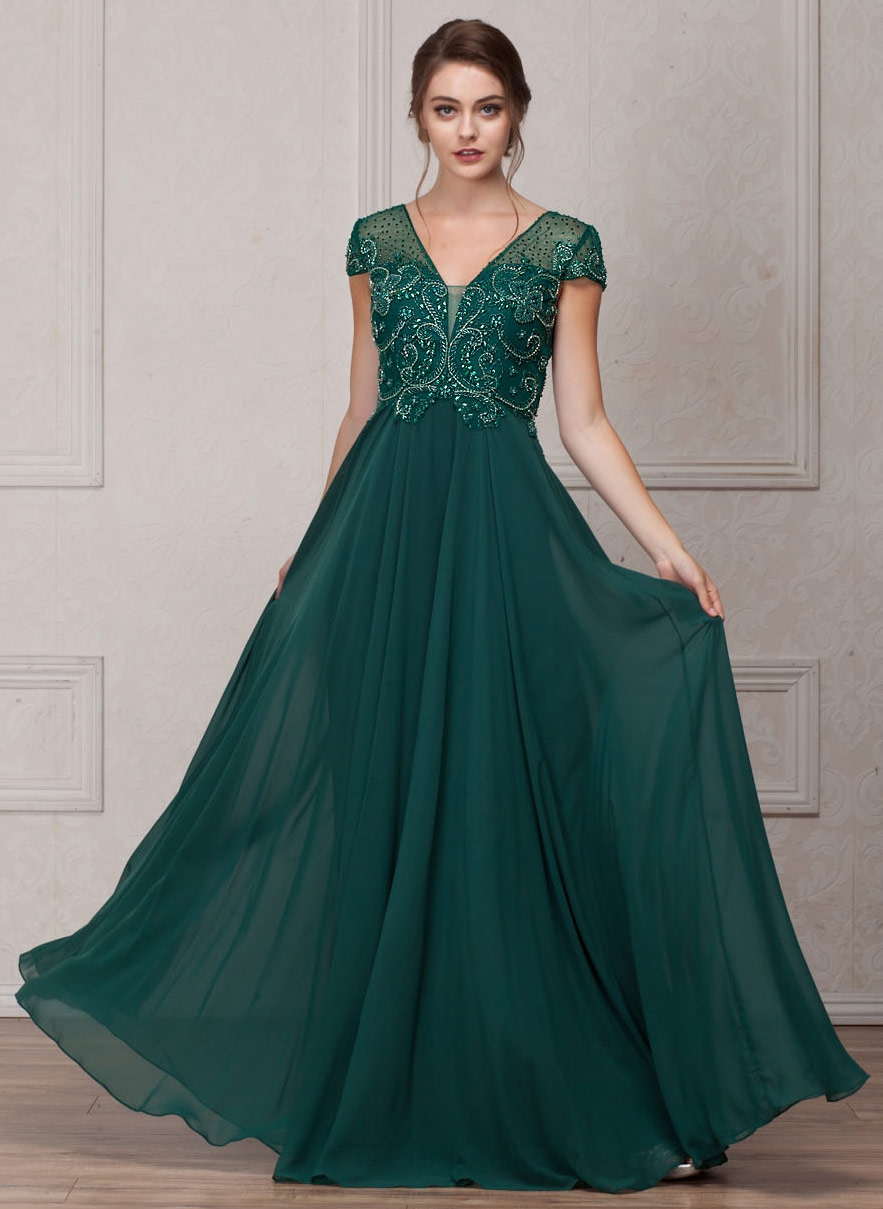 Short Sleeves V-Neck Sequined Bust Long Formal Evening Dress