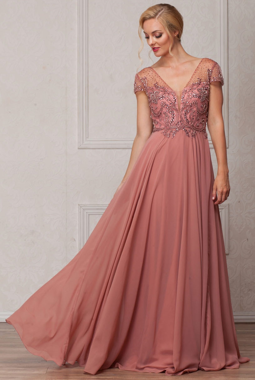 Short Sleeves V-Neck Sequined Bust Long Formal Evening Dress — in Rose