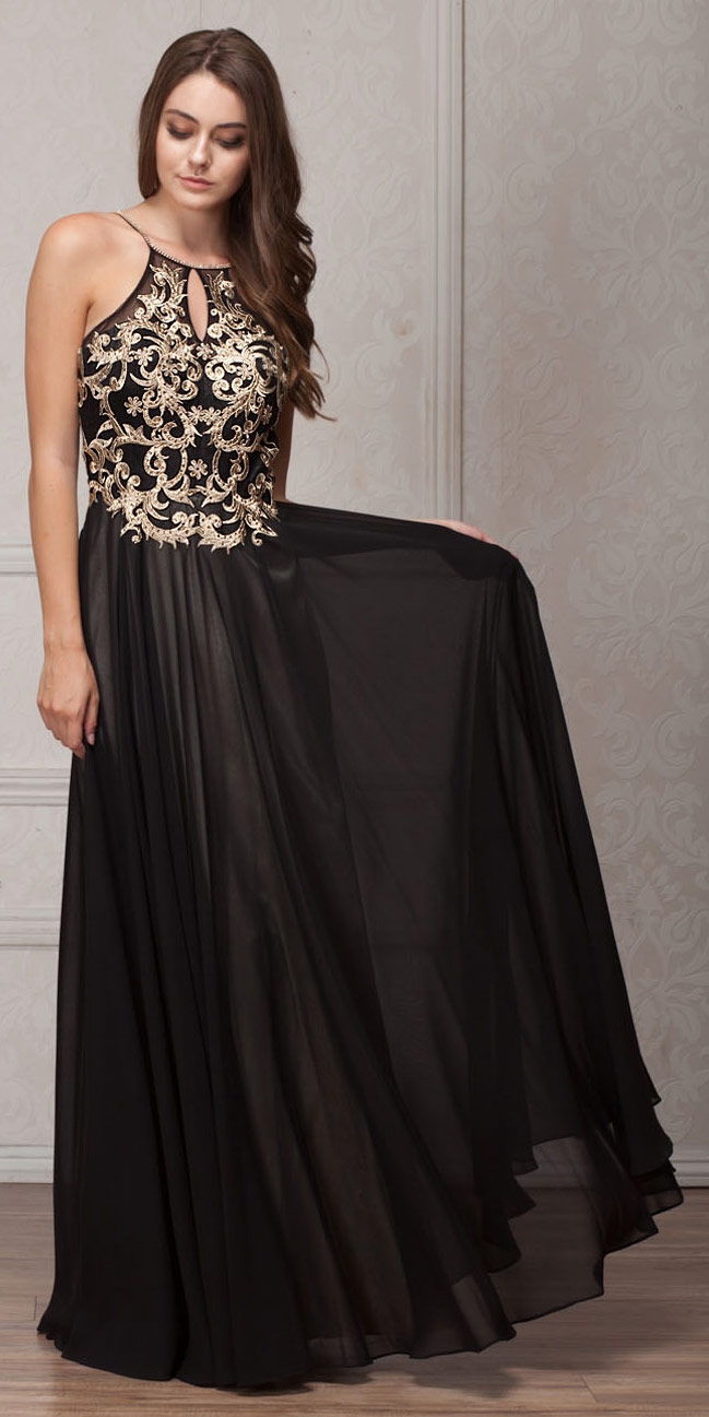 Gold Accent Keyhole Mesh Bust Long Formal Evening Dress