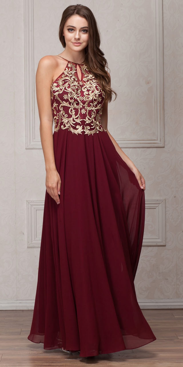 Gold Accent Keyhole Mesh Bust Long Formal Evening Dress — in Burgundy