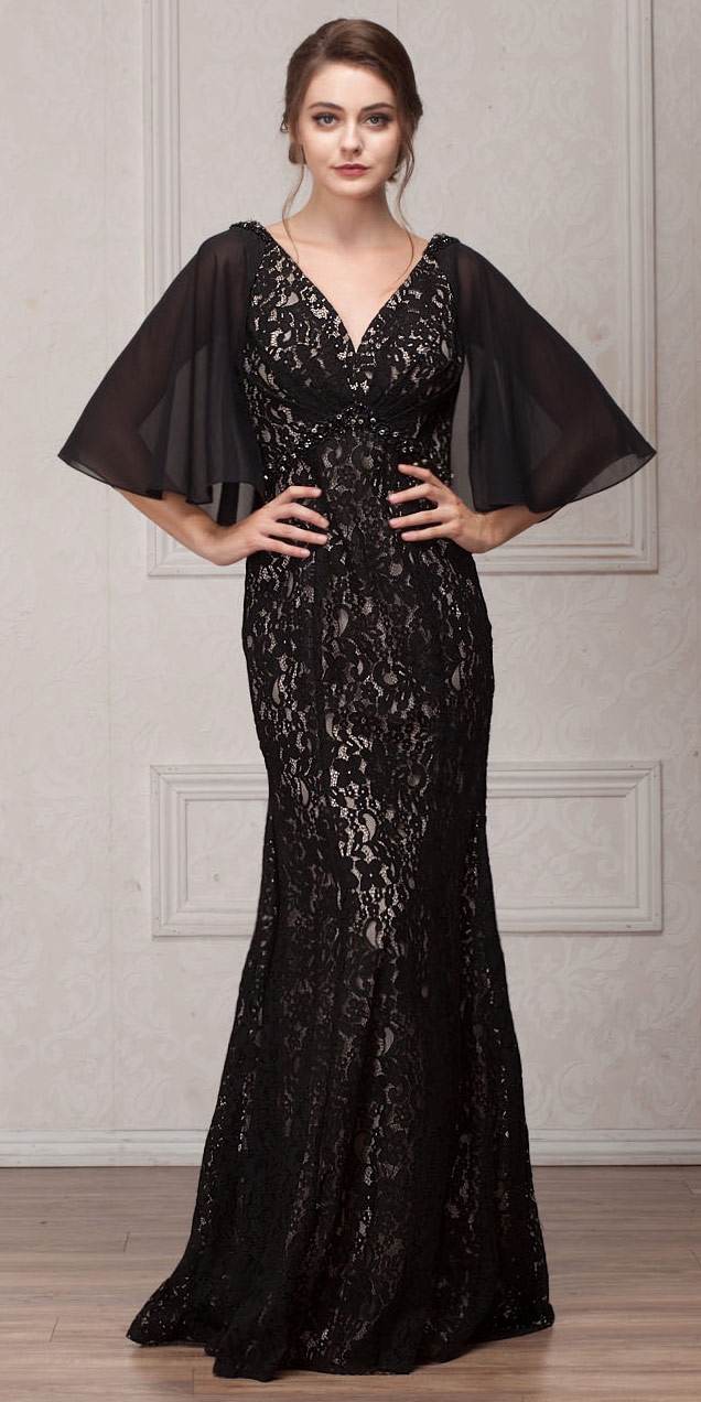 V-Neck Floral Lace Sheer Cape Long MOB Gown — in Black