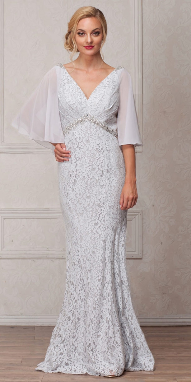 V-Neck Floral Lace Sheer Cape Long MOB Gown
