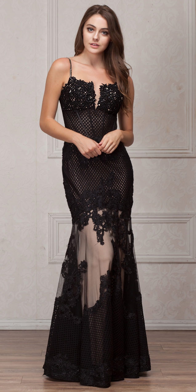 Spaghetti Straps Sequins Lace Mesh Long Prom Pageant Gown — in Black