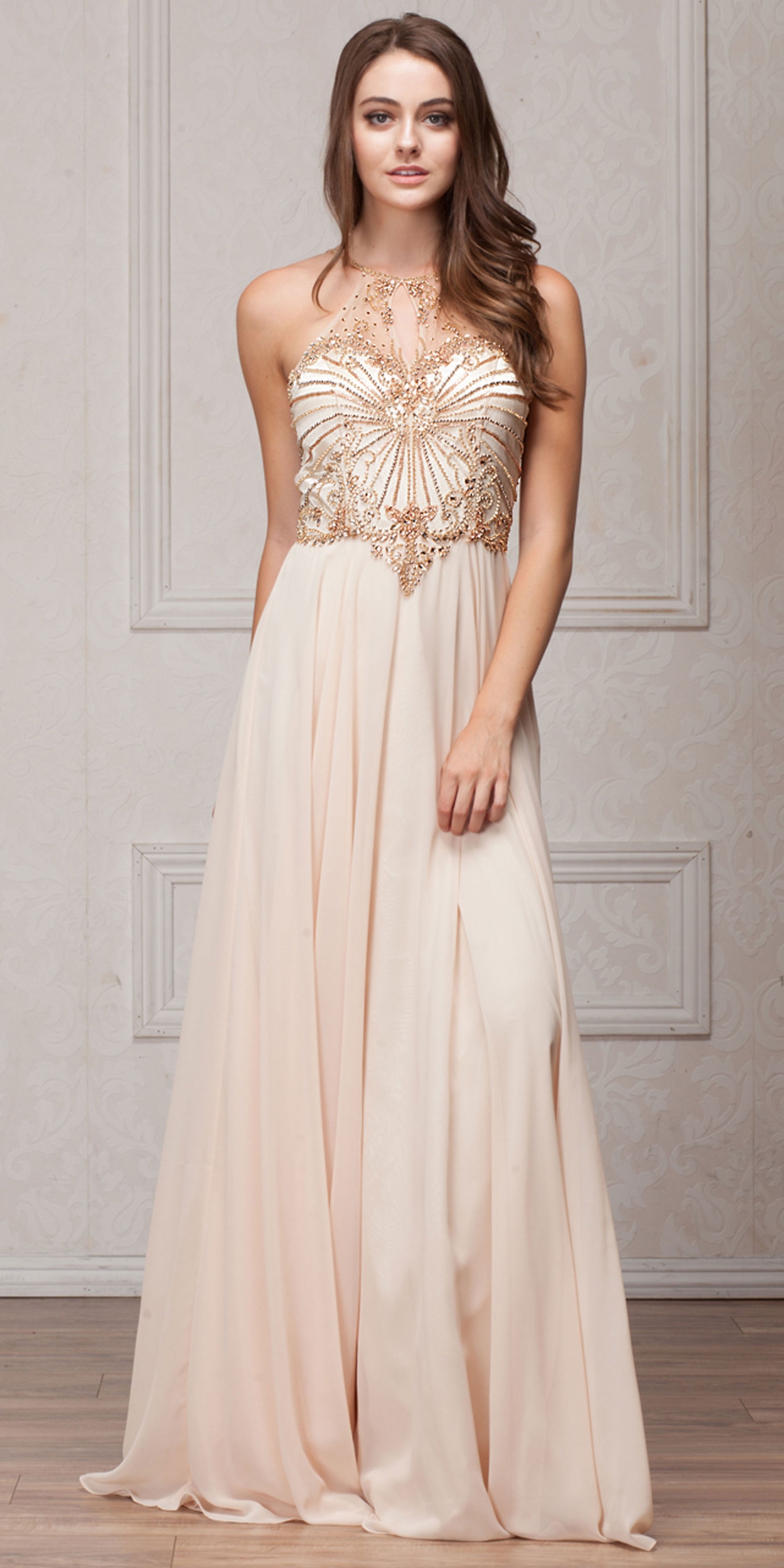 Mesh Beaded Bodice Long Chiffon Formal Evening Dress