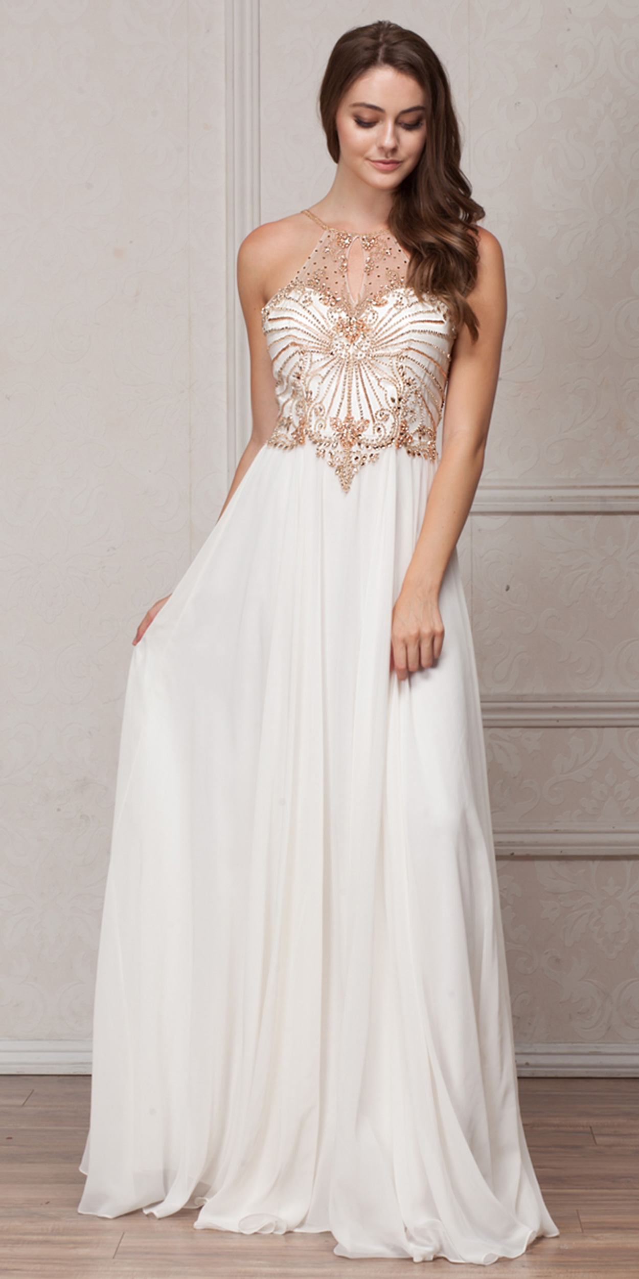 Mesh Beaded Bodice Long Chiffon Formal Evening Dress — in Off White