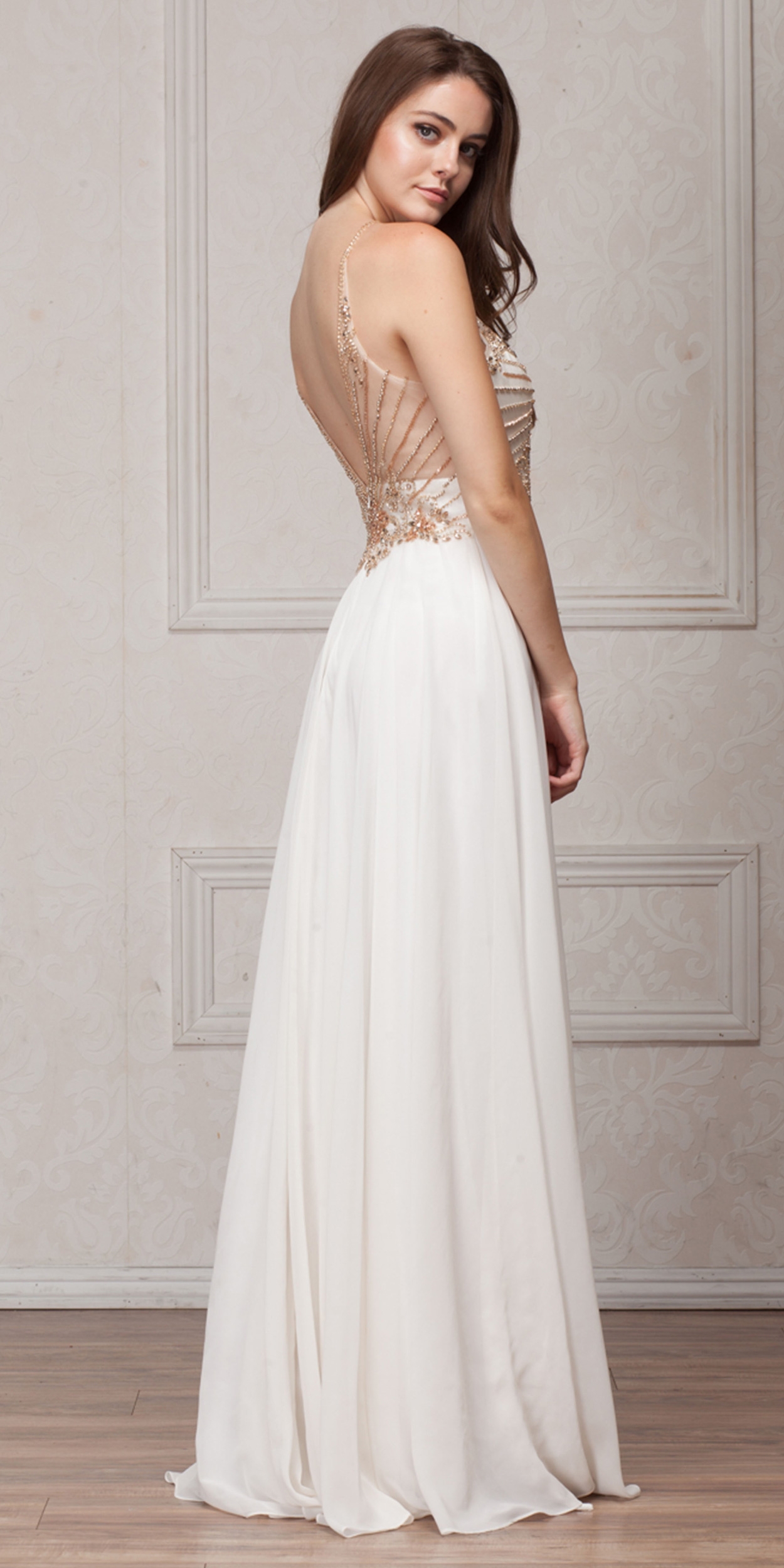 Mesh Beaded Bodice Long Chiffon Formal Evening Dress — in an alternative image