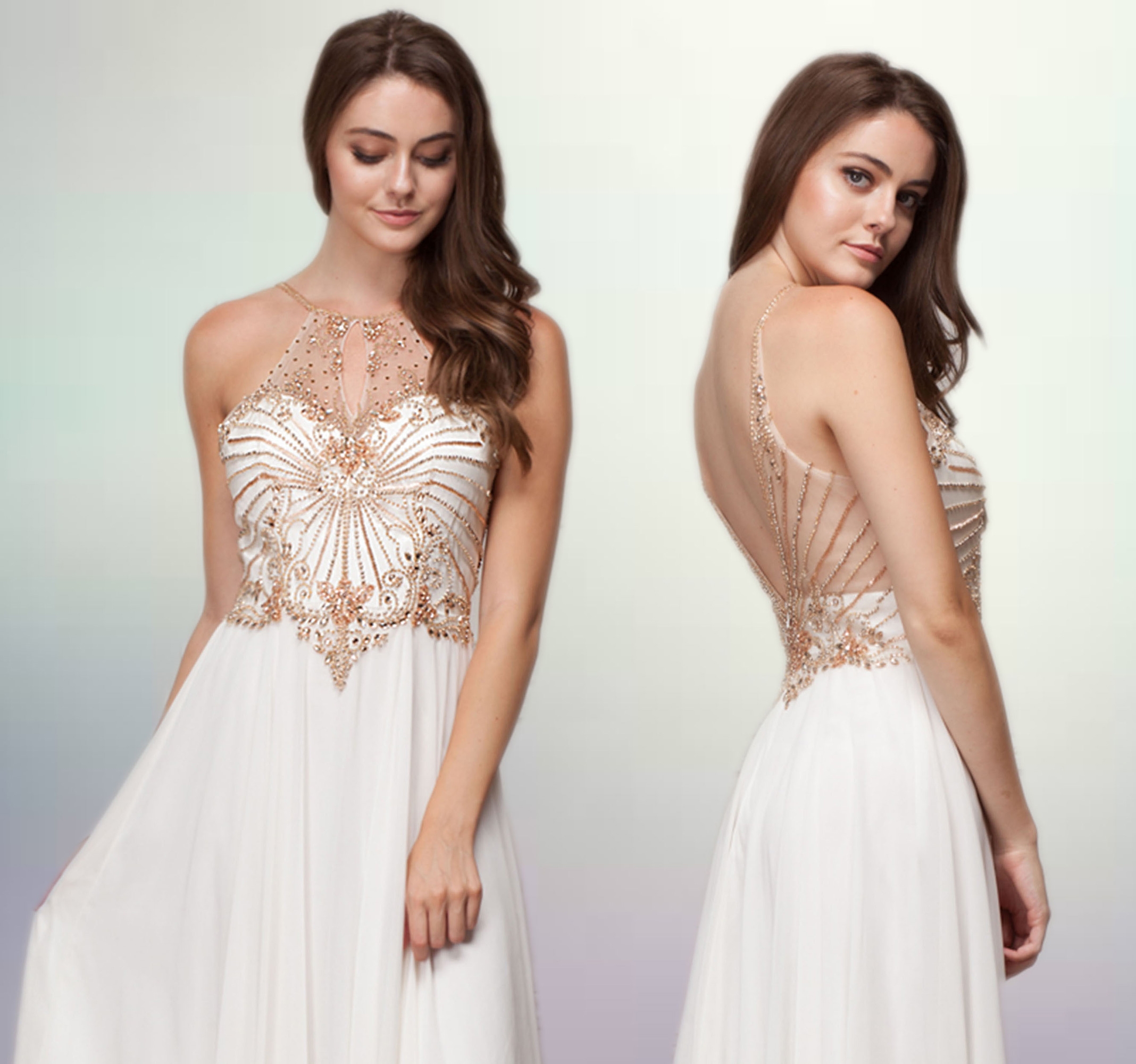 Mesh Beaded Bodice Long Chiffon Formal Evening Dress — in an alternative image